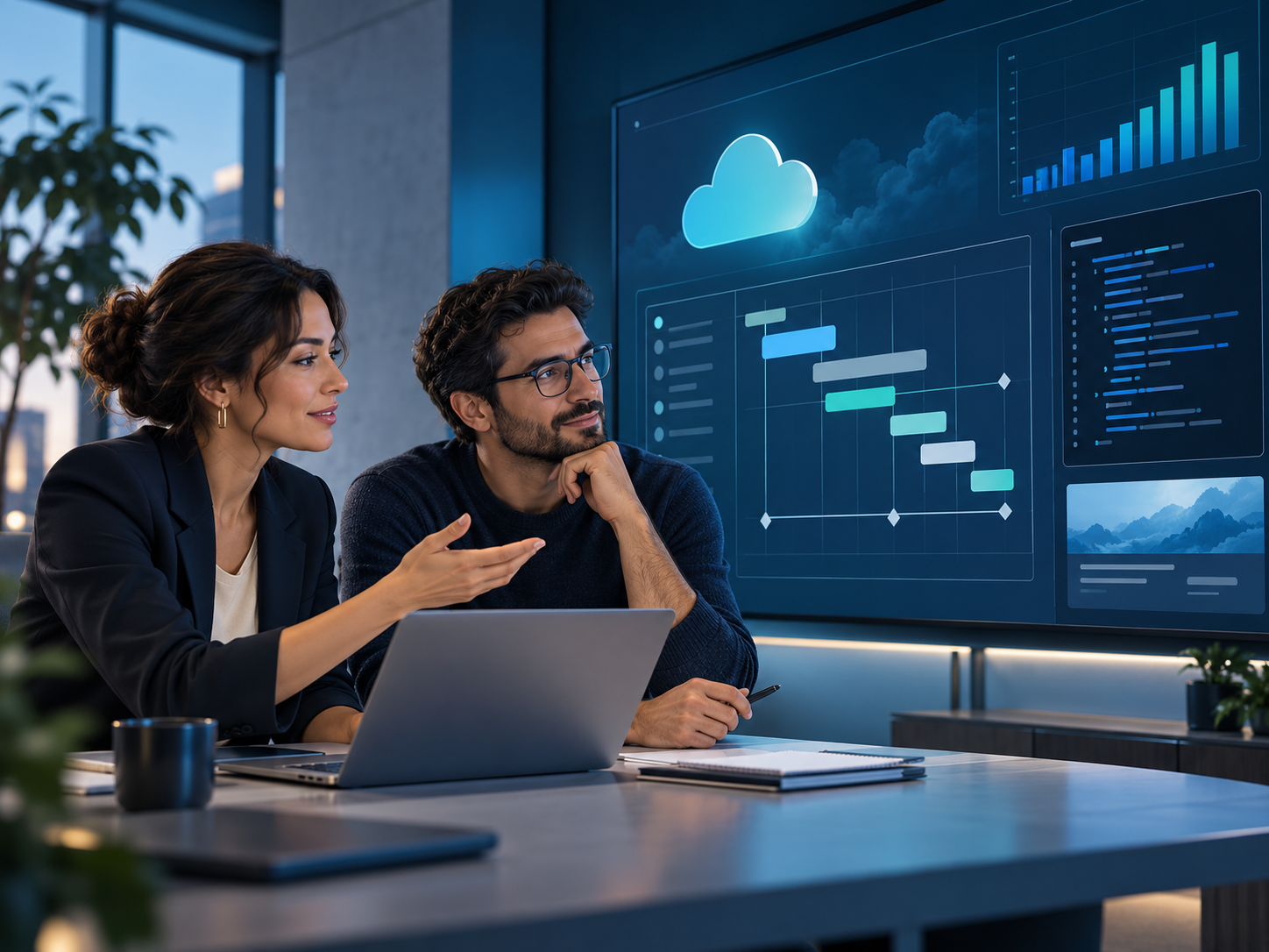 A business strategist and software engineer collaborating on a technology plan with cloud, analytics, and software tools on screen.